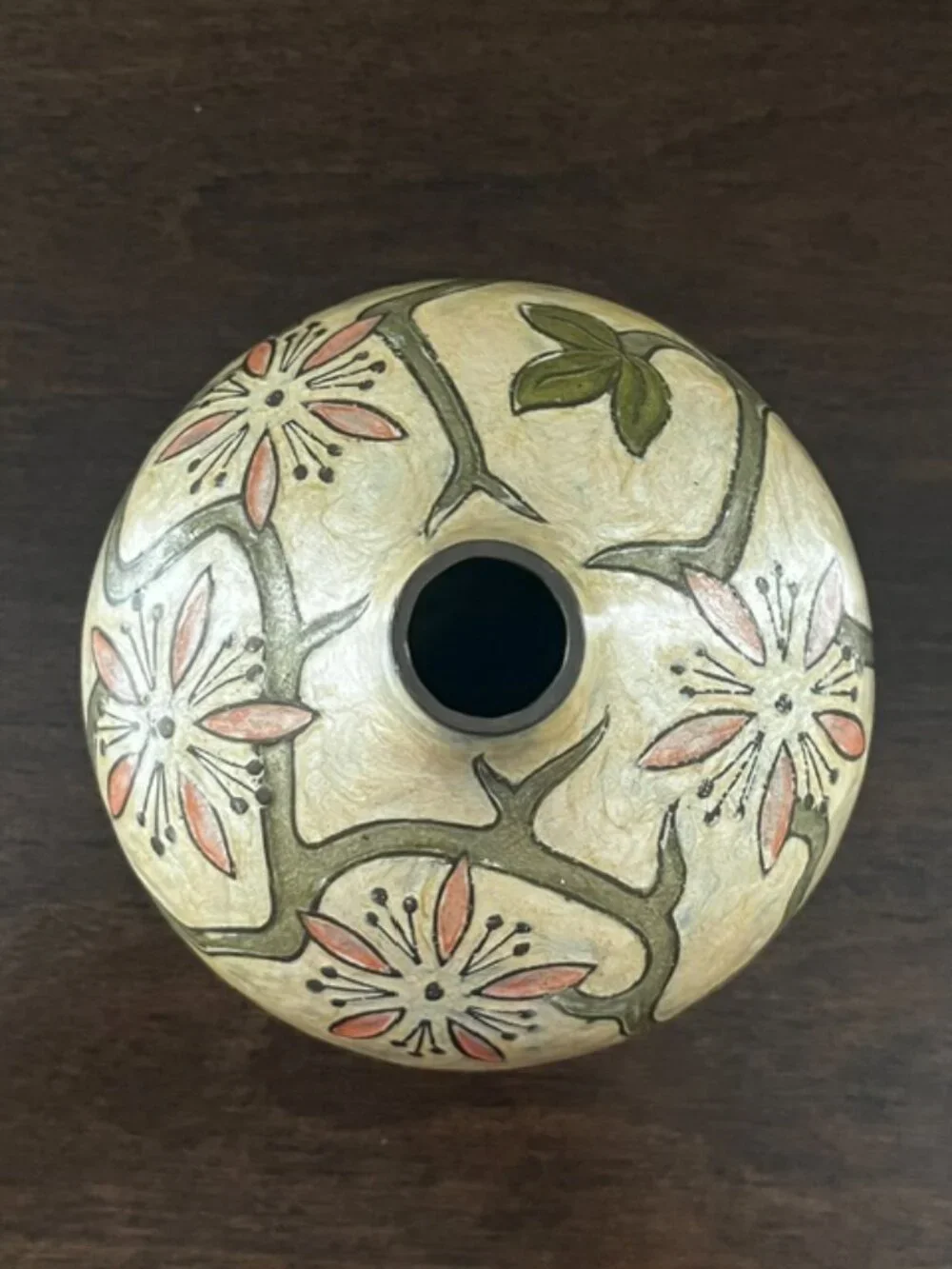 Brass Vase Enamel Overlay Floral Vine Design Metal Pink Green